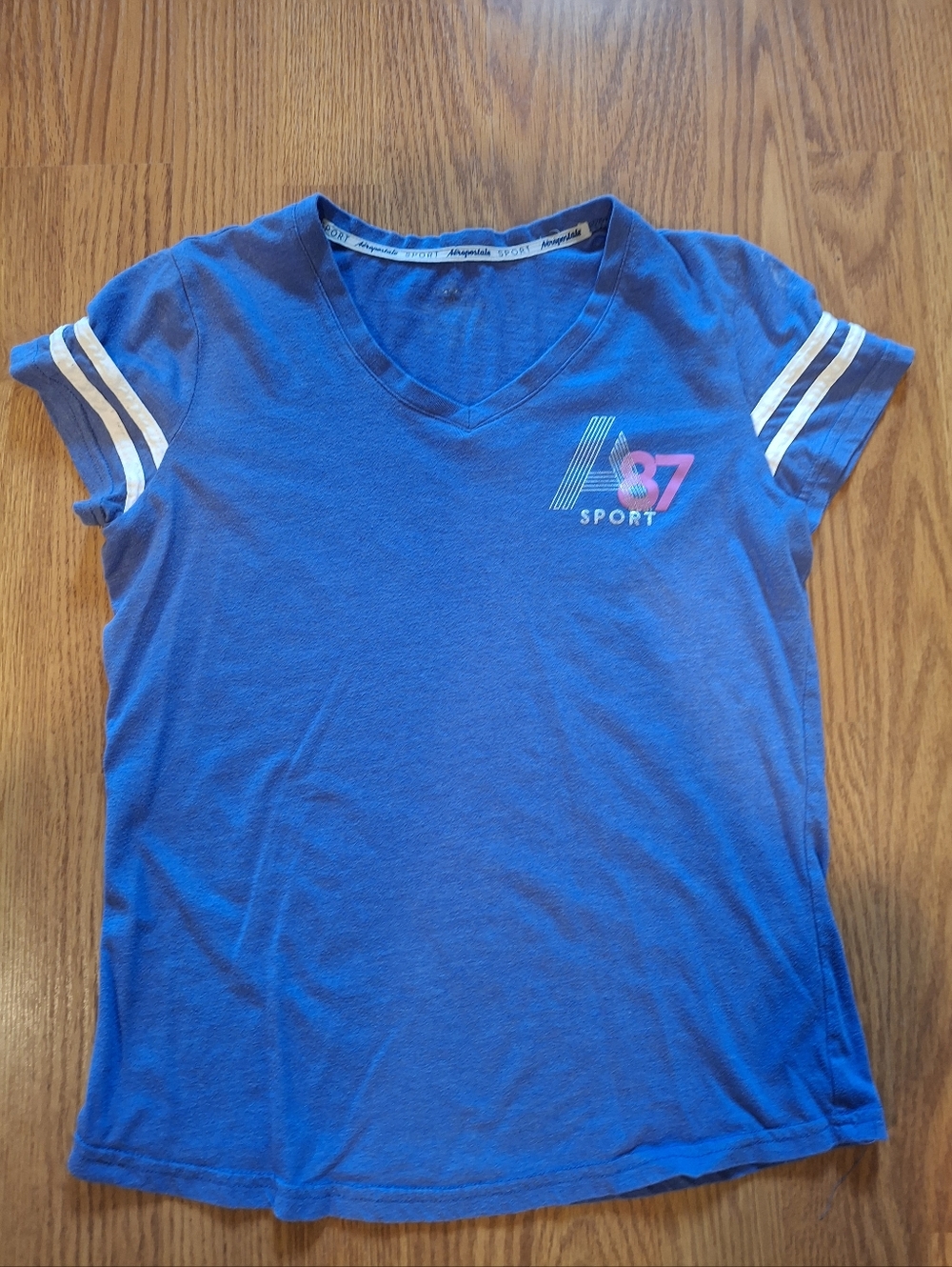 Aeropostale Blue V-Neck '87 Sport Tee with White Sleeve Stripes